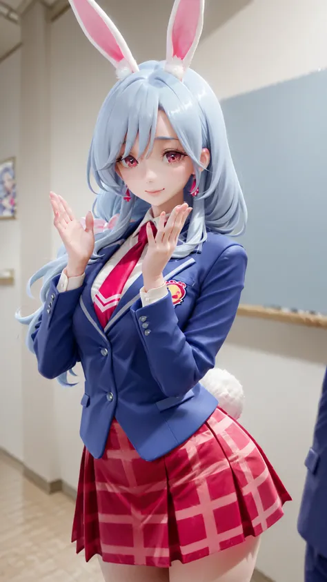 Supreme Masterpiece、Highest Quality、Fresh Pretty Cure!Mother of Love、 Married women 、mature woman 、美しいMarried women 、 medium bust、C cup、Raise your hands and cheer、rabbit ears、rabbit tail、light blue hair、blazer uniform、red plaid skirt 、ground、