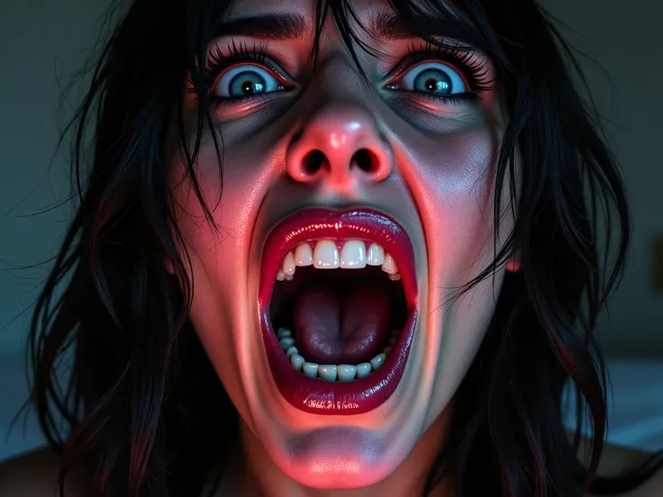 A close-up of a woman’s face filled with intense fear, her eyes wide open in shock and her mouth stretched in a scream. The expression on her face is raw and desperate, capturing the full intensity of her terror. The lighting is dramatic, with harsh contra...