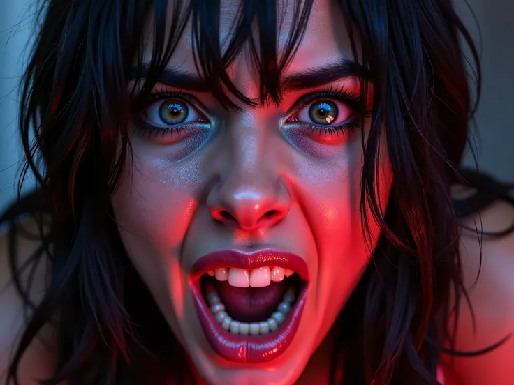 A close-up of a woman’s face filled with intense fear, her eyes wide open in shock and her mouth stretched in a scream. The expression on her face is raw and desperate, capturing the full intensity of her terror. The lighting is dramatic, with harsh contra...