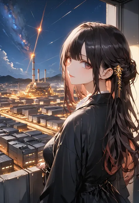 from the top of a small mountain、The factory in front of you、Factory night view、It looks like a jewel、Illuminations by llena de va、Girl watching 、meteor、空から降り注ぐmeteor、無数のmeteor群、