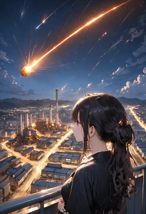 from the top of a small mountain、The factory in front of you、Factory night view、It looks like a jewel、Illuminations by llena de va、Girl watching 、meteor、空から降り注ぐmeteor、無数のmeteor群、