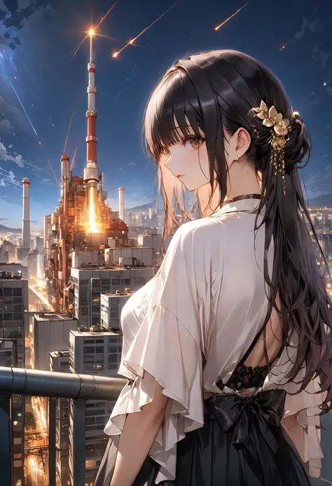skyscrapersからGirl watching 、skyscrapers、The factory in front of you、Factory night view、It looks like a jewel、Illuminations by llena de va、Girl watching 、meteor、空から降り注ぐmeteor、無数のmeteor群、