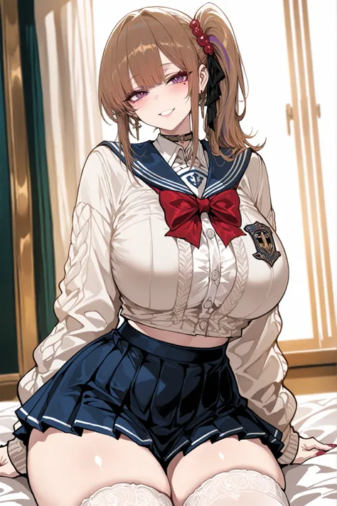 High-resolution, ultra-fine, highly detailed depiction of a tall, curvy young woman with a slim waist, wide hips, thick thighs, and large bust. She has medium-length brown hair styled in a side ponytail with bangs framing her face. Light skin tone with a c...