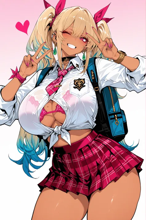 High-resolution, ultra-fine, highly detailed depiction of a tall, curvy young woman with a slim waist, wide hips, thick thighs, and large bust. She has long blonde hair styled in twin ponytails with pink ribbon bows and blue hair ties. Tan skin tone with a...
