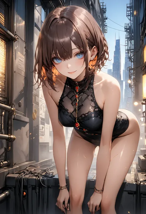 skyscrapersからGirl watching 、skyscrapers、The factory in front of you、Factory night view、一面のFactory night view、pipe、It looks like a jewel、Illuminations by llena de va、Girl watching 、meteor、空から降り注ぐmeteor、無数のmeteor群、masterpiece,(masterpiece),fuill body ,best q...