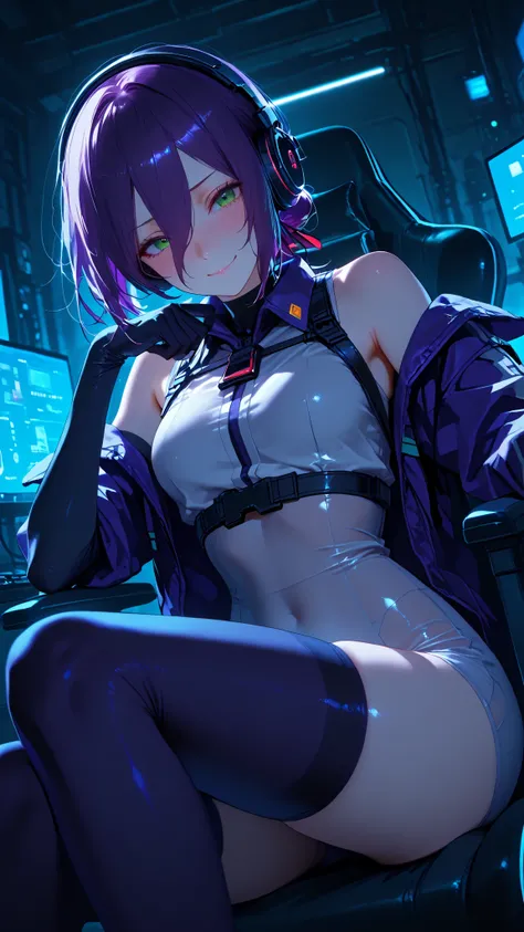 ultra high definition,1girl,reze,green eyes,naughty face,closed mouth,Smile,Blush,fascinated expression,Blush,is embarrassing,looking here,headphones,futuristic see-through bodysuit,Off Shoulder Jacket,Elbow Length Long Gloves Tight Waist,knee-high socks,r...