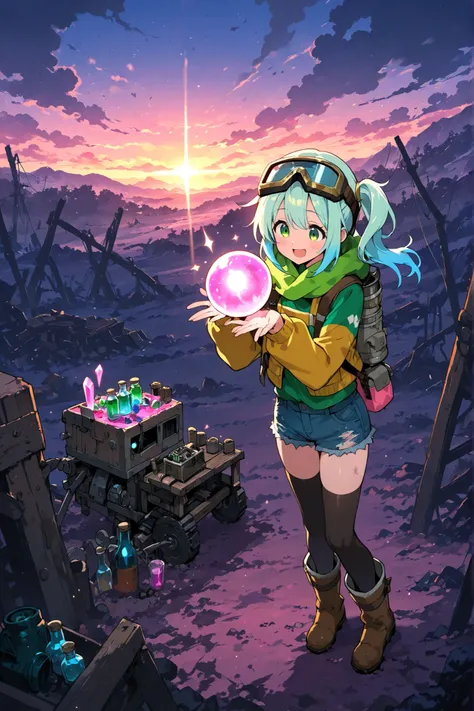 (masterpiece:1.3, best quality, ultra-detailed, cinematic lighting,
post-apocalyptic wasteland camp, makeshift tent in the wasteland,
wooden table cluttered with rusty engine parts and glass bottles filled with strange potions,
one cheerful girl covered...