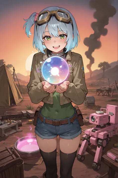 (masterpiece:1.3, best quality, ultra-detailed, cinematic lighting, 
post-apocalyptic wasteland camp, makeshift tent in the wasteland, 
wooden table cluttered with rusty engine parts and glass bottles filled with strange potions, 
one cheerful girl covered...