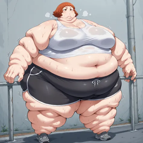 mari ishida \(solo leveling\), burnt orange hair, short hair, bangs, brown eyes, large breasts, 1girl, solo, tank top, midriff, dolphin shorts, shoes, standing in line, sweating, sweat stains, fat, chubby, obese, fat neck, multiple chins, big breasts, out ...