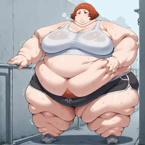 mari ishida \(solo leveling\), burnt orange hair, short hair, bangs, brown eyes, large breasts, 1girl, solo, tank top, midriff, dolphin shorts, shoes, standing in line, sweating, sweat stains, fat, chubby, obese, fat neck, multiple chins, big breasts, out ...