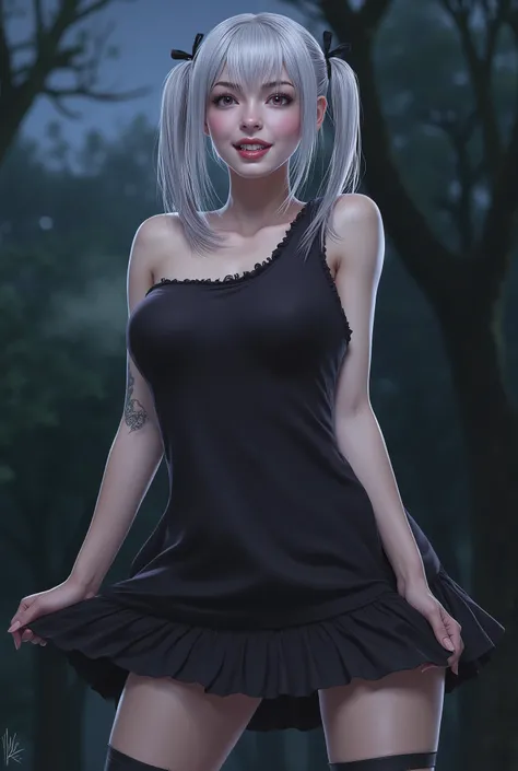  1girl, solo, misty \(photorealistic\), open long hair, silver hair, very white skin, black tank top, forest, tree, sky, night time, facing front, from behind, mini skirt around thighs, (Black panties :1.0), looking at viewer, open mouth, surprised, grin, ...