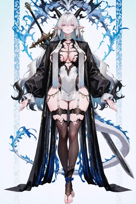   8k wallpaper、    top quality 、masterpiece,   748cm スThailandル   、sexy black bralette dress with fishnet top beneath,   woman 1 person、ribbon、piercings and earrings on her ears,  pointy elf ears, black ripped pelvic curtain dress、 cute black oversized coa...