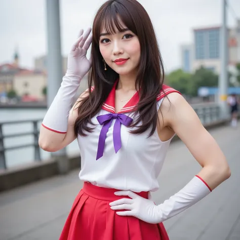 beautiful dark-haired Japanese top idol woman with bangs wearing Japanese uniforms, latex rubber gloss, (sleeveless white shirt、red collar and red skirt、and purple ribbon), White Glove , One hand on head、with the other one on the waist, full costume of S...