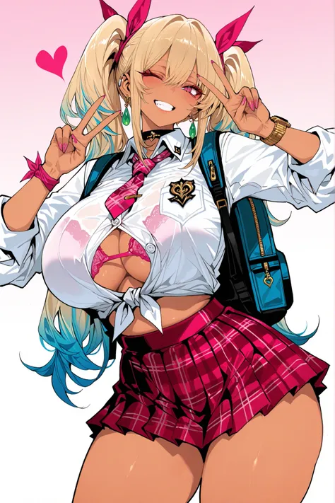 High-resolution, ultra-fine, highly detailed depiction of a tall, curvy young woman with a slim waist, wide hips, thick thighs, and large bust. She has long blonde hair styled in twin ponytails with pink ribbon bows and blue hair ties. Tan skin tone with a...