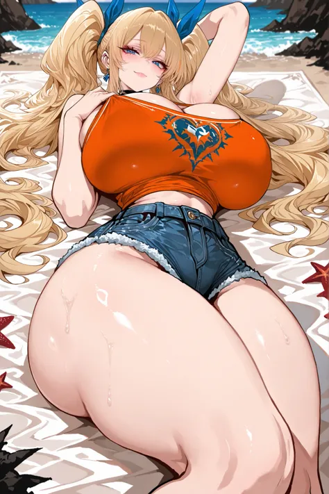 masterpiece, best quality, 1girl, solo, alone, score_9, score_8_up, score_7_up, anime screencap, BREAK 1girl, long blonde hair with blue ribbons tied in twin tails, light tan skin tone, minimal makeup with soft pink lips, blue eyes with gentle expression, ...