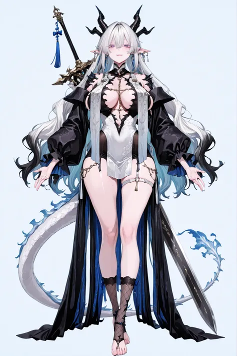   8k wallpaper、    top quality 、masterpiece,   748cm スThailandル   、sexy black bralette dress with fishnet top beneath,   woman 1 person、ribbon、piercings and earrings on her ears,  pointy elf ears, black ripped pelvic curtain dress、 cute black oversized coa...
