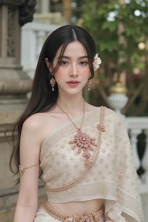  ultra-realism, Thai 20-year-old woman, tiny face shape, alabaster skin, sleek very long black hair; ornate gold-embroidered sabai and gilded sinh with charming lively motifs; fabric dancing in air; half-length waist-up framing, elegant S-curve pose; ancie...