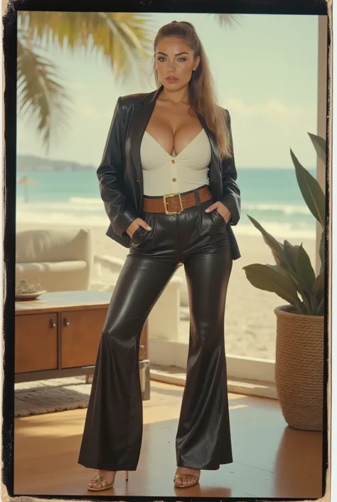  Vintage Polaroid-style full-body sexy , provocative sensual, bombshell girl secret in 1960s pin-up style . Tall , athletic build , long wavy blonde hair with a hair tie aholokan , blue eyes , high arched eyebrows , large breasts , slim waist , broad shoul...