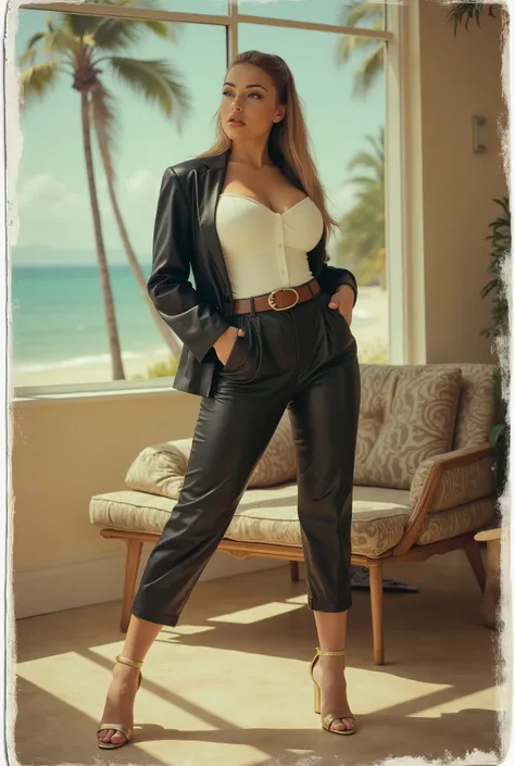  Vintage Polaroid-style full-body sexy , provocative sensual, bombshell girl secret in 1960s pin-up style . Tall , athletic build , long wavy blonde hair with a hair tie aholokan , blue eyes , high arched eyebrows , large breasts , slim waist , broad shoul...