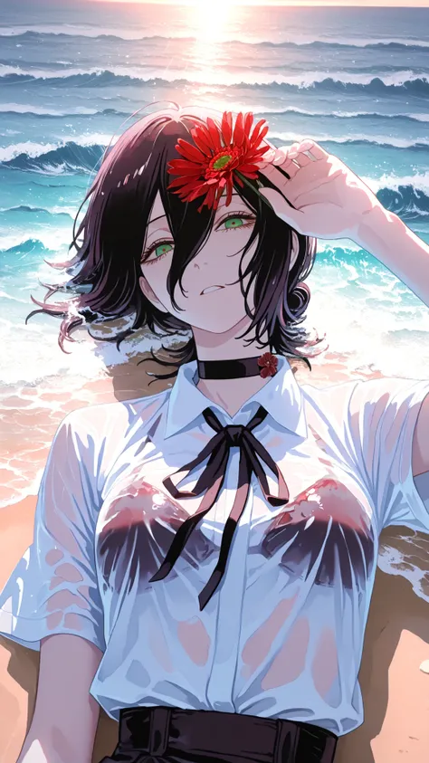 Ultra HD,1girl, cut,woman lying on her back on the beach,No expression,green eyes,holding a red gerbera flower in her hand,Place one hand on forehead,Ocean waves wet the body,white shirt,bright sunlight,Strange Sight, fantastic atmosphere like being on the...