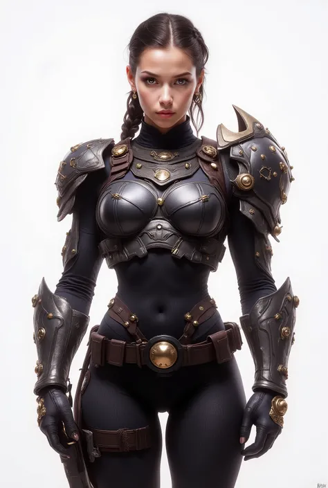 full body image Photorealistic adult warrior 18 years old male, short black hair in a thick side braid, light eyes, subtle glam makeup ;clean unmarked skin; confident, stoic expression. Outfit: glossy black fitted leather/latex tactical bodysuit with scul...