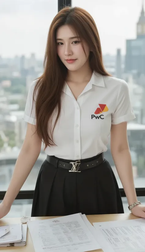 A portrait image shows a young Korean-Thai woman standing in a sophisticated investment firm environment in London. The image focuses on her; the others are just a backdrop.
She is Korean-Thai. She has a long, fluffy haircut that shows off her narrow fore...