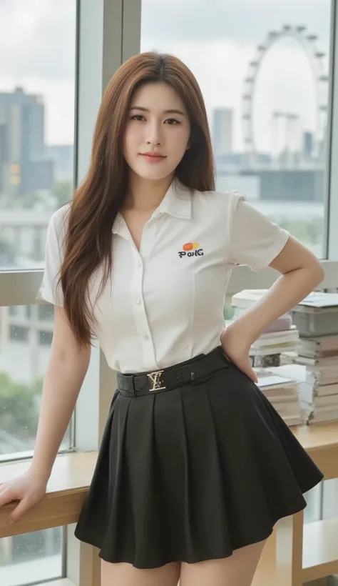 A portrait image shows a young Korean-Thai woman standing in a sophisticated investment firm environment in London. The image focuses on her; the others are just a backdrop.
She is Korean-Thai. She has a long, fluffy haircut that shows off her narrow fore...