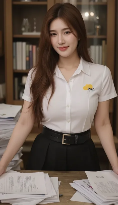 A portrait image shows a young woman standing in a private sophisticated office.
She is Korean-Thai. She has a long, fluffy haircut that shows off her narrow forehead. She has a voluptuous figure. She is chubby-sexy. She has a cherry-red hair colour. She ...