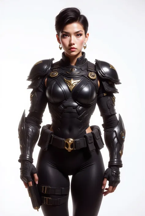 full body image Photorealistic adult warrior 18 years old male, short black hair light eyes, subtle glam makeup ;clean unmarked skin; confident, stoic expression. Outfit: glossy black fitted leather/latex tactical bodysuit with sculpted panels; sci-fi sh...