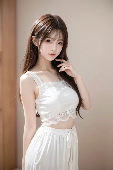 A woman with long hair and a white top is posing for a photo、 she says 、wearing a stylish white two-piece costume featuring a delicate lace pattern、look at the camera、Extremely beautiful eyes、smile、soft and gentle expression