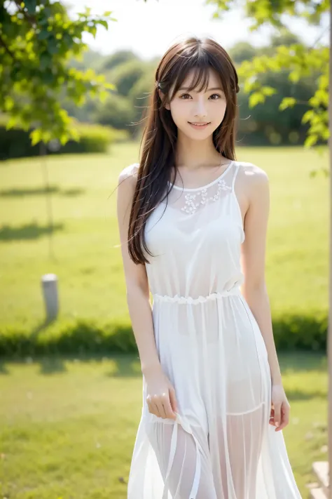 in a white floral dress, Long Dress , is playing dress,, Japanese model walking in a field wearing a loose summer dress, flower dress, is playing, Sleeveless Summer Dress, romantic dress, stylish dress、look at the camera、smile、gentle and gentle exp...