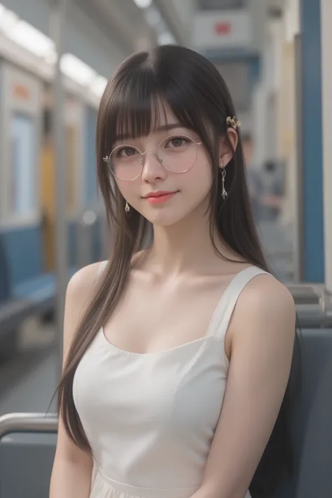 happy face of woman in white dress, black hair, Hair tie, Bang, wearing glasses, Sitting on the subway