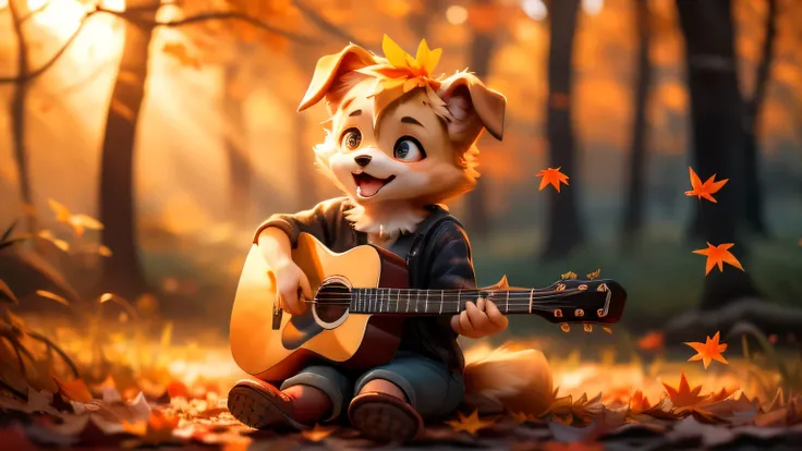 Autumn grassland、Singing with a guitar、Cute dog、 wear clothes、autumn leaves