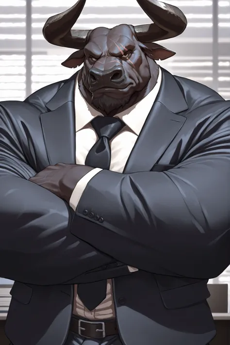 solo, masterpiece:1.3, muscular man, furry black bull, suits, office, film looks, firm, serious, strong, pose, looking to viewer, scar on face, highly detailed, 8k, semi realistic, Anatomically Correct, Best Quality, Textured Skin, Ray Tracing, detailed fa...