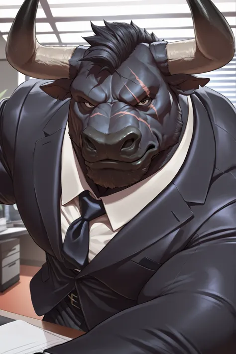 solo, masterpiece:1.3, muscular man, furry black bull, suits, office, film looks, firm, serious, strong, dynamic pose, looking to viewer, scar on face, highly detailed, 8k, semi realistic, Anatomically Correct, Best Quality, Textured Skin, Ray Tracing, det...