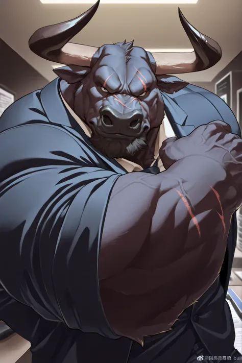 solo, masterpiece:1.3, muscular man, furry black bull, suits, office, film looks, firm, serious, strong, dynamic pose, looking to viewer, arm focus, scar on face, highly detailed, 8k, semi realistic, Anatomically Correct, Best Quality, Textured Skin, Ray T...