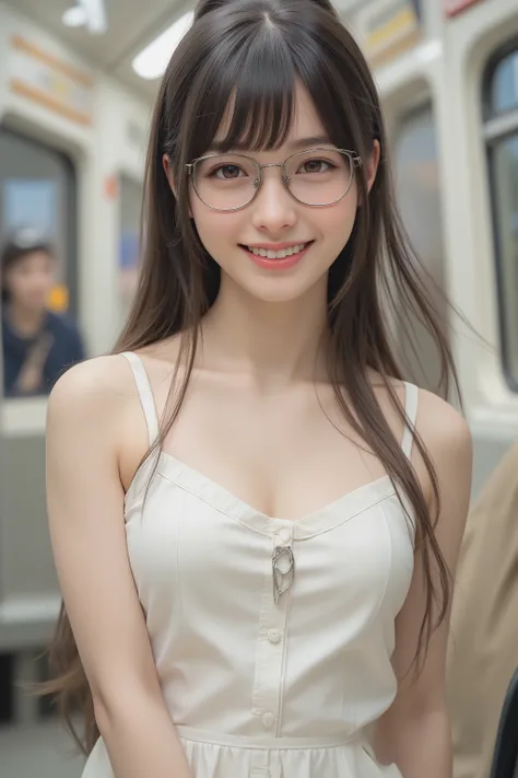 happy face of woman in white dress, black hair, Hair tie, Bang, wearing glasses, Sitting on the subway ,standing, full body depiction,