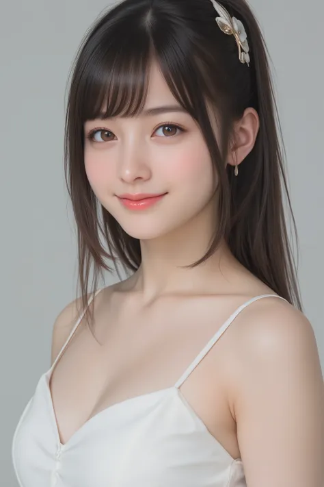 happy face of woman in white dress, black hair, Hair tie, Bang, wearing glasses, standing,((Full Body)),