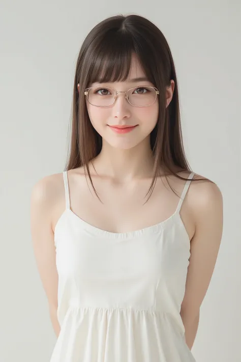 happy face of woman in white dress, black hair, Hair tie, Bang, wearing glasses, standing,FULL LENGTH,