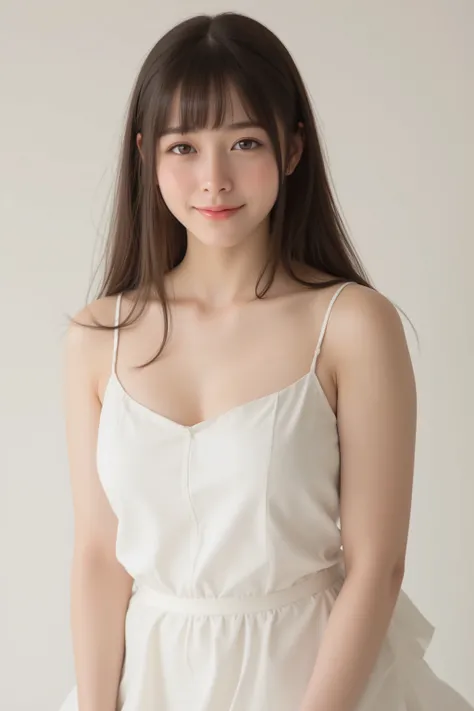 happy face of woman in white dress, black hair, Hair tie, Bang, wearing glasses, standing,FULL LENGTH,