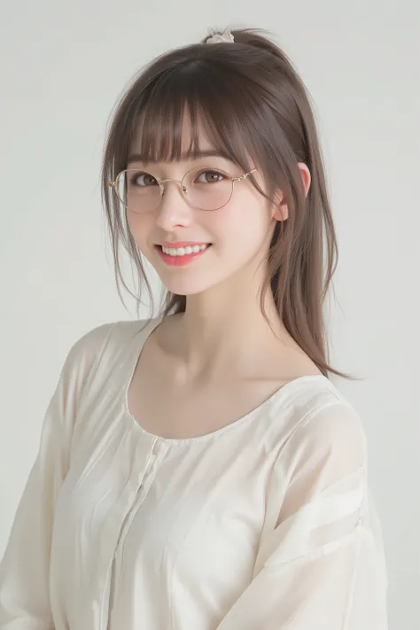 happy face of woman in white dress, black hair, Hair tie, Bang, wearing glasses, standing,( full body depiction),