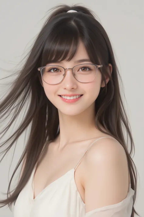 happy face of woman in white dress, black hair, Hair tie, Bang, wearing glasses, standing,((Depiction from the thighs up)),hhizaue