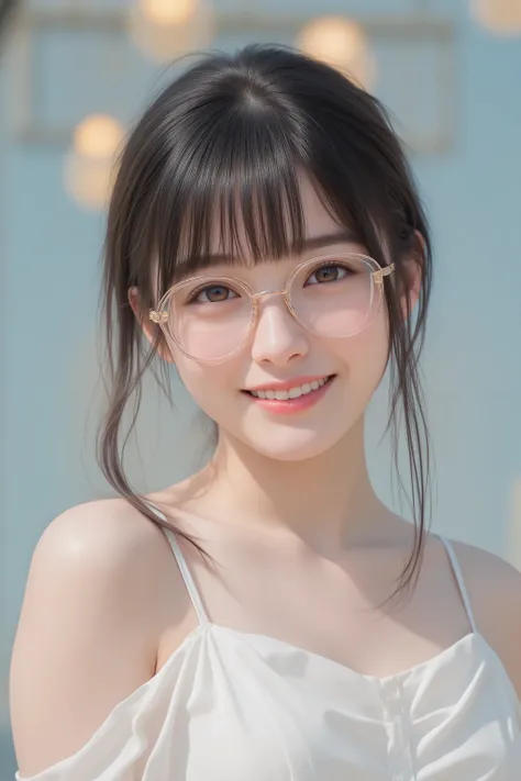 happy face of woman in white dress, black hair, Hair tie, Bang, wearing glasses, standing,(Depiction from the thigh up),Above the knee,
