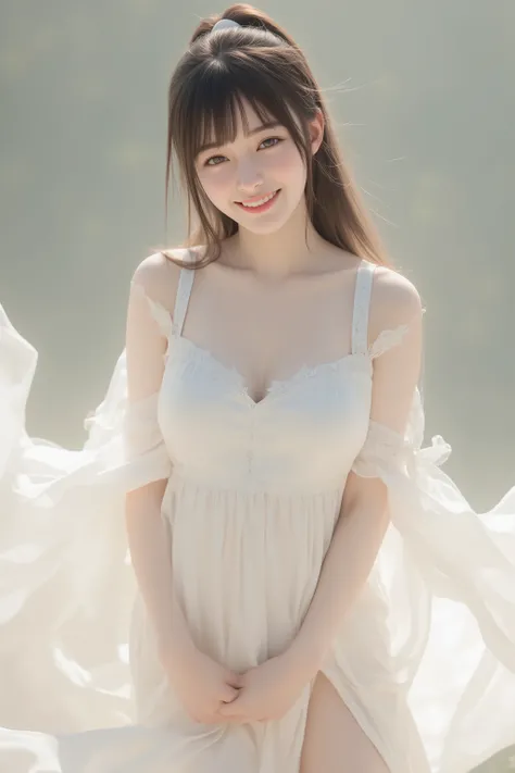 happy face of woman in white dress, black hair, Hair tie, Bang, Above the knee, standing,(Depiction from the thigh up),