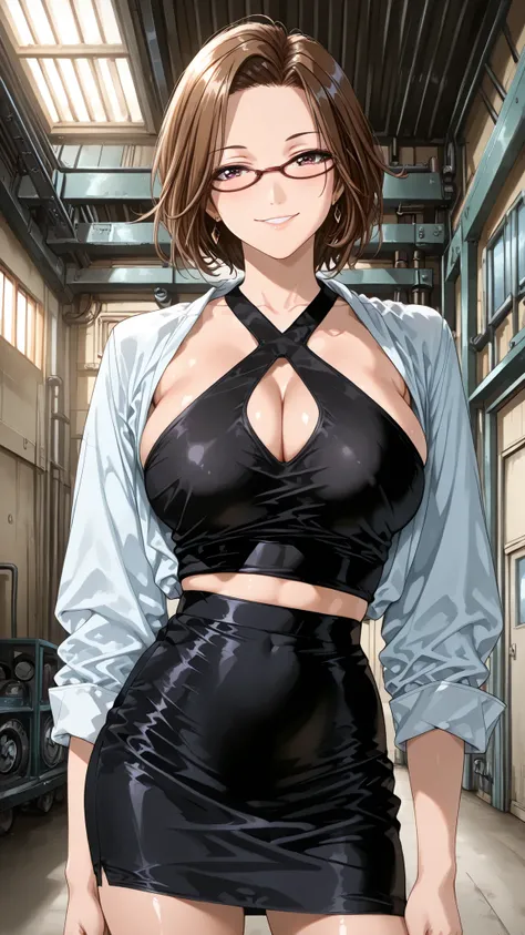 solo, tomoe (accelerando), purple eyes, brown hair, short hair, glasses, mature woman, Tight waist、Small waist、shiny Skin , (upper body), sexy, (adult woman, 25+), score_9, score_8_up, score_7_up, source_anime,(extremely detailed CG), (best quality), beau...