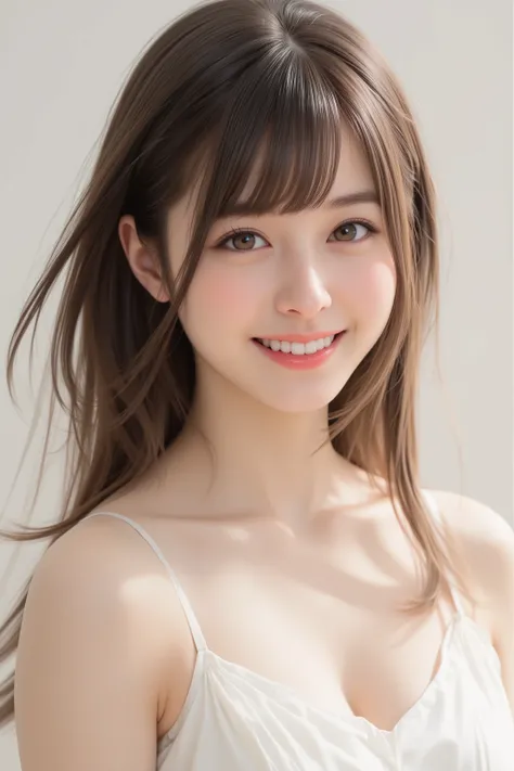 happy face of woman in white dress, black hair, Hair tie, Bang, Above the knee, standing,(Depiction from the thighs up),