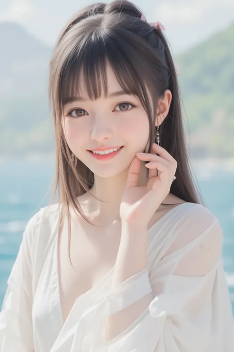 happy face of woman in white dress, black hair, Hair tie, Bang, Above the knee, standing,((Drawing from the knees up)),