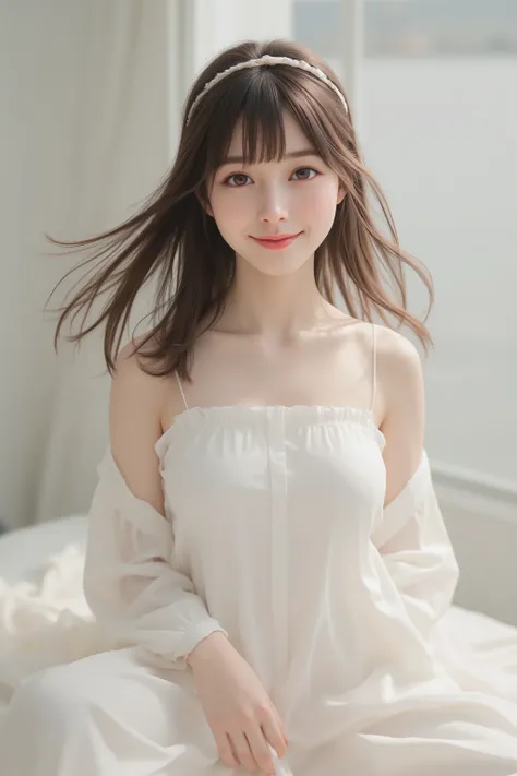 happy face of woman in white dress, black hair, Hair tie, Bang, Above the knee, standing,(depicts the whole body),