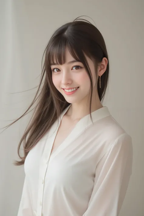 happy face of woman in white dress, black hair, Hair tie, Bang, Above the knee, standing,(depicts the whole body),