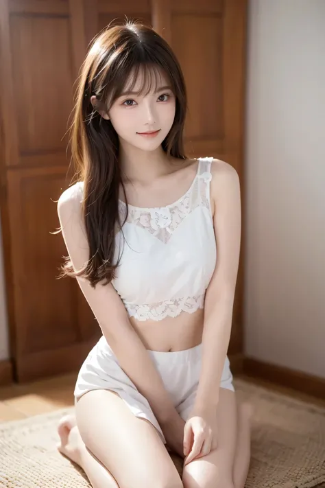 A woman with long hair and a white top is posing for a photo、 she says 、wearing a stylish white two-piece costume featuring a delicate lace pattern、look at the camera、Extremely beautiful eyes、smile、soft and gentle expression、seconds above the knee y、